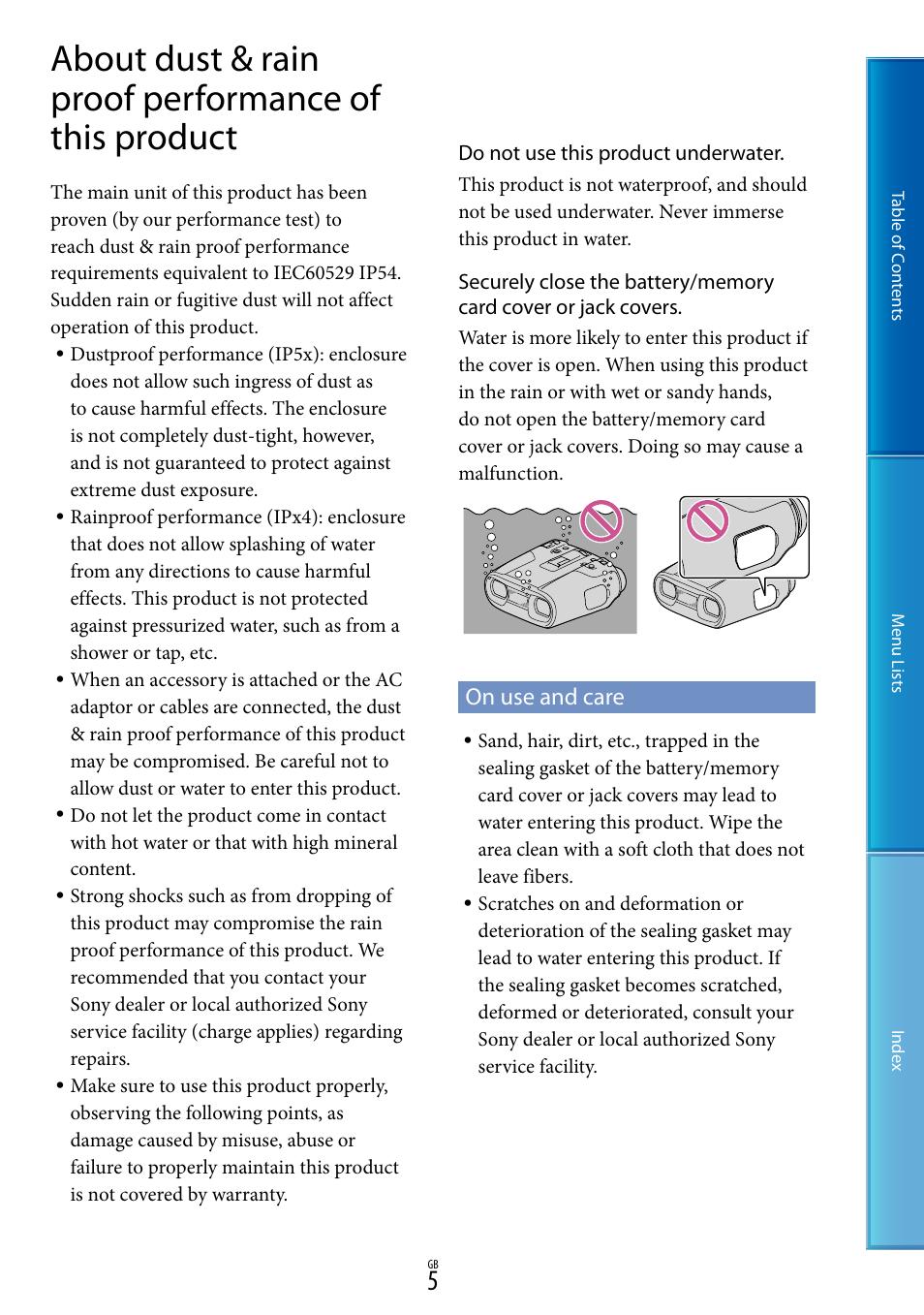 On use and care, About dust & rain proof performance of this, Product” (p | Sony DEV-50V User Manual | Page 5 / 90