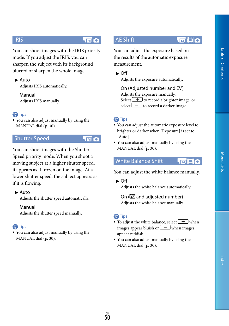 Iris, Shutter speed, Ae shift | White balance shift | Sony DEV-50V User Manual | Page 50 / 90