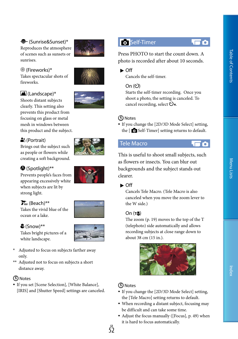 Self-timer, Tele macro | Sony DEV-50V User Manual | Page 52 / 90