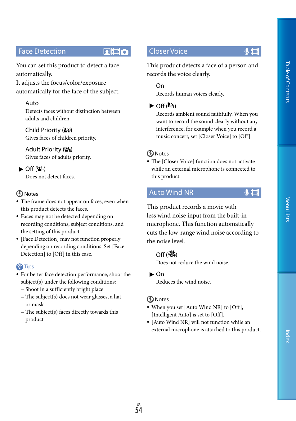 Face detection, Closer voice, Auto wind nr | Sony DEV-50V User Manual | Page 54 / 90