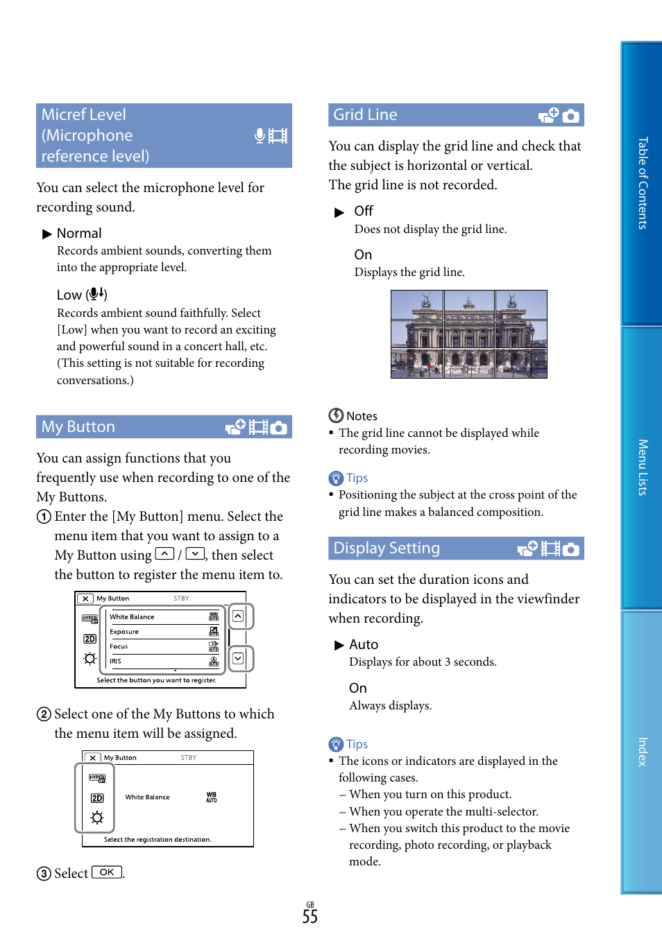 Micref level (microphone reference level), My button, Grid line | Display setting | Sony DEV-50V User Manual | Page 55 / 90