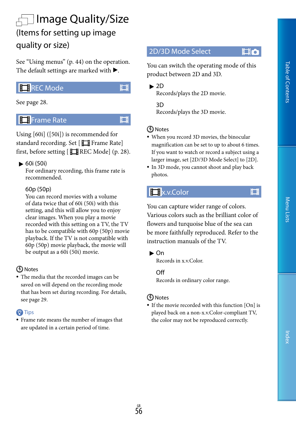 Image quality/size, Items for setting up image quality or size), Rec mode | Frame rate, 2d/3d mode select, X.v.color | Sony DEV-50V User Manual | Page 56 / 90