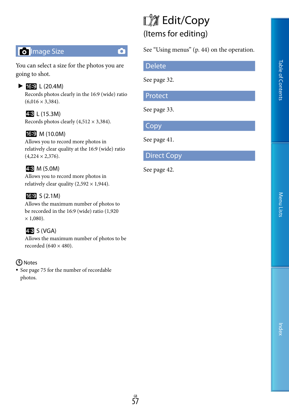 Edit/copy (items for editing), Edit/copy, Items for editing) | Image size, Delete, Protect, Copy, Direct copy | Sony DEV-50V User Manual | Page 57 / 90
