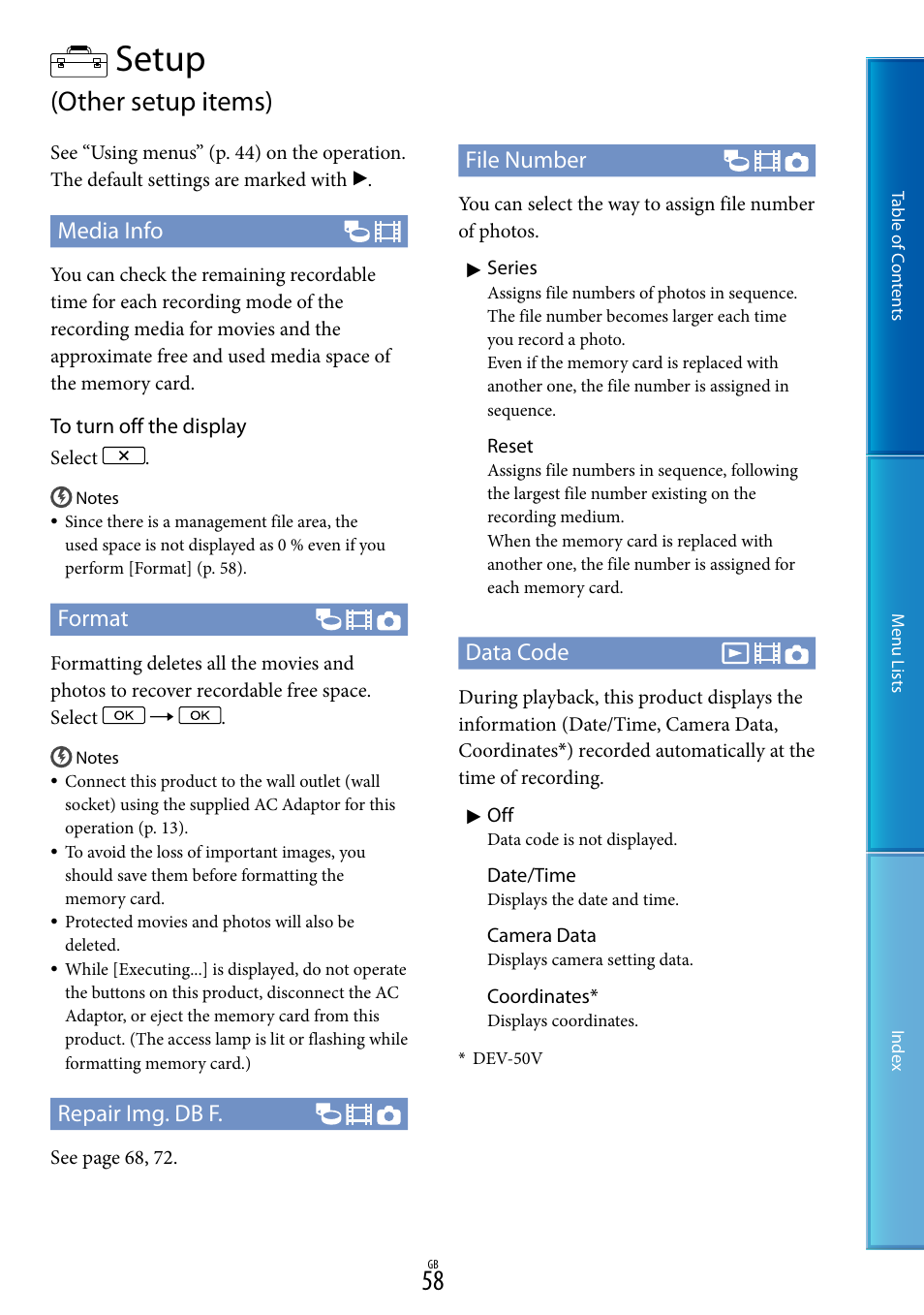 Setup (other setup items), 58). f, Setup | Other setup items), Media info, Format, Repair img. db f, File number, Data code | Sony DEV-50V User Manual | Page 58 / 90