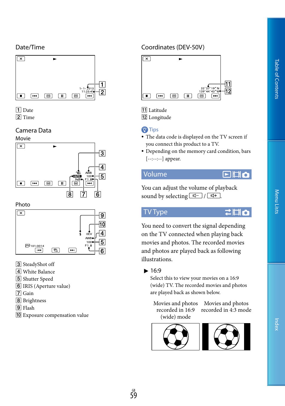 Volume, Tv type, Date/time | Camera data, Coordinates (dev-50v) | Sony DEV-50V User Manual | Page 59 / 90