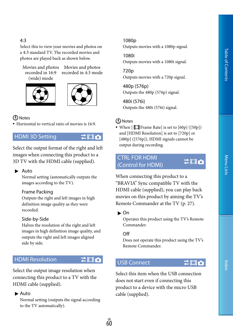 Hdmi 3d setting, Hdmi resolution, Ctrl for hdmi (control for hdmi) | Usb connect | Sony DEV-50V User Manual | Page 60 / 90