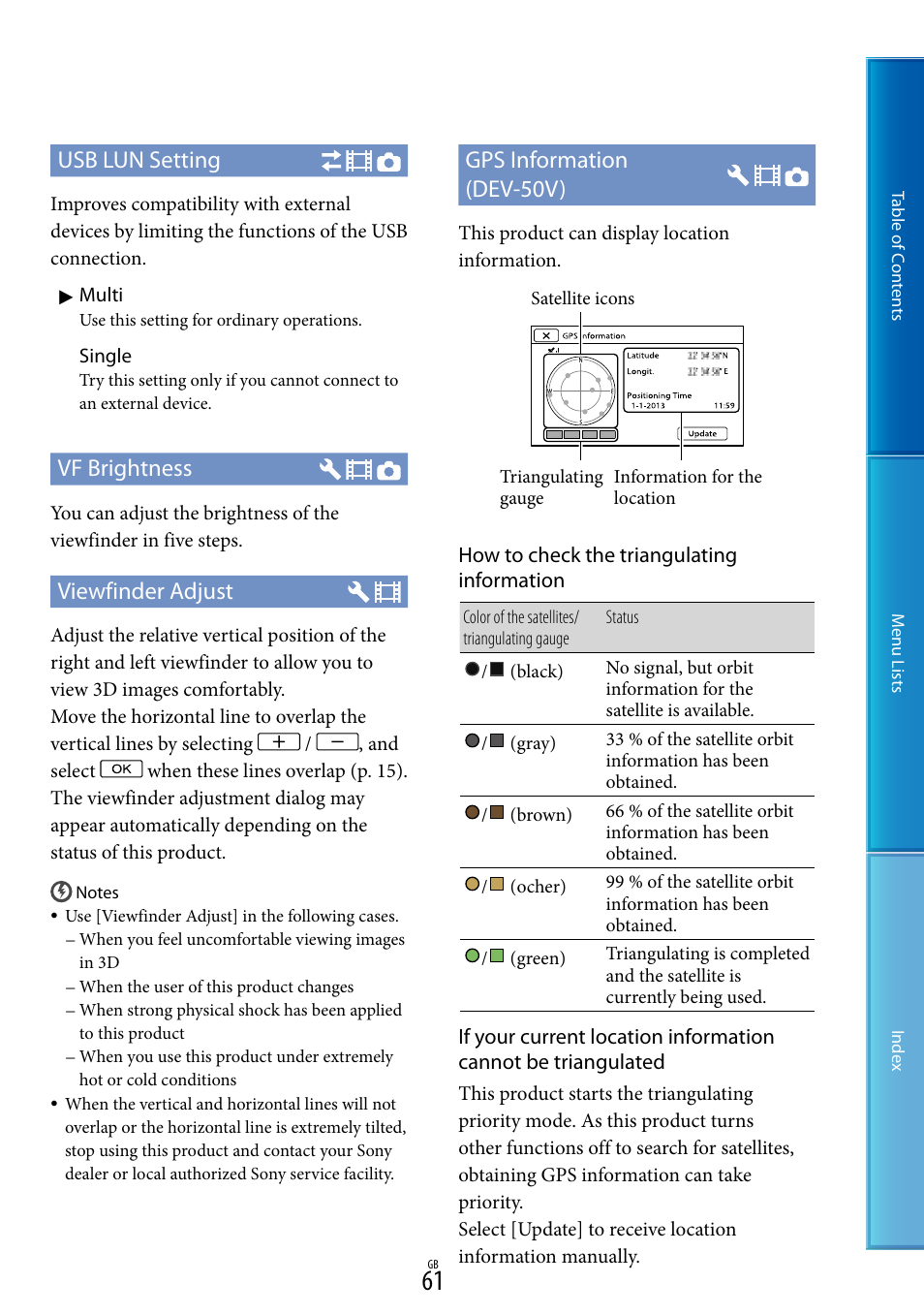 Usb lun setting, Vf brightness, Viewfinder adjust | Gps information (dev-50v), How to check the triangulating information | Sony DEV-50V User Manual | Page 61 / 90