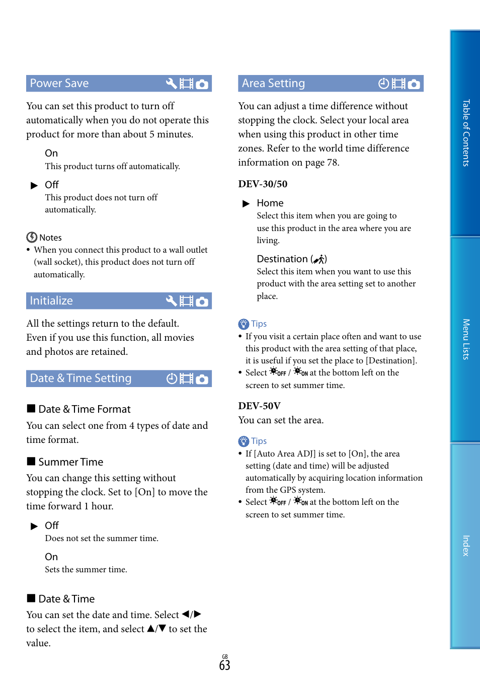 Power save, Initialize, Date & time setting | Area setting, Date & time format, Summer time, Date & time | Sony DEV-50V User Manual | Page 63 / 90