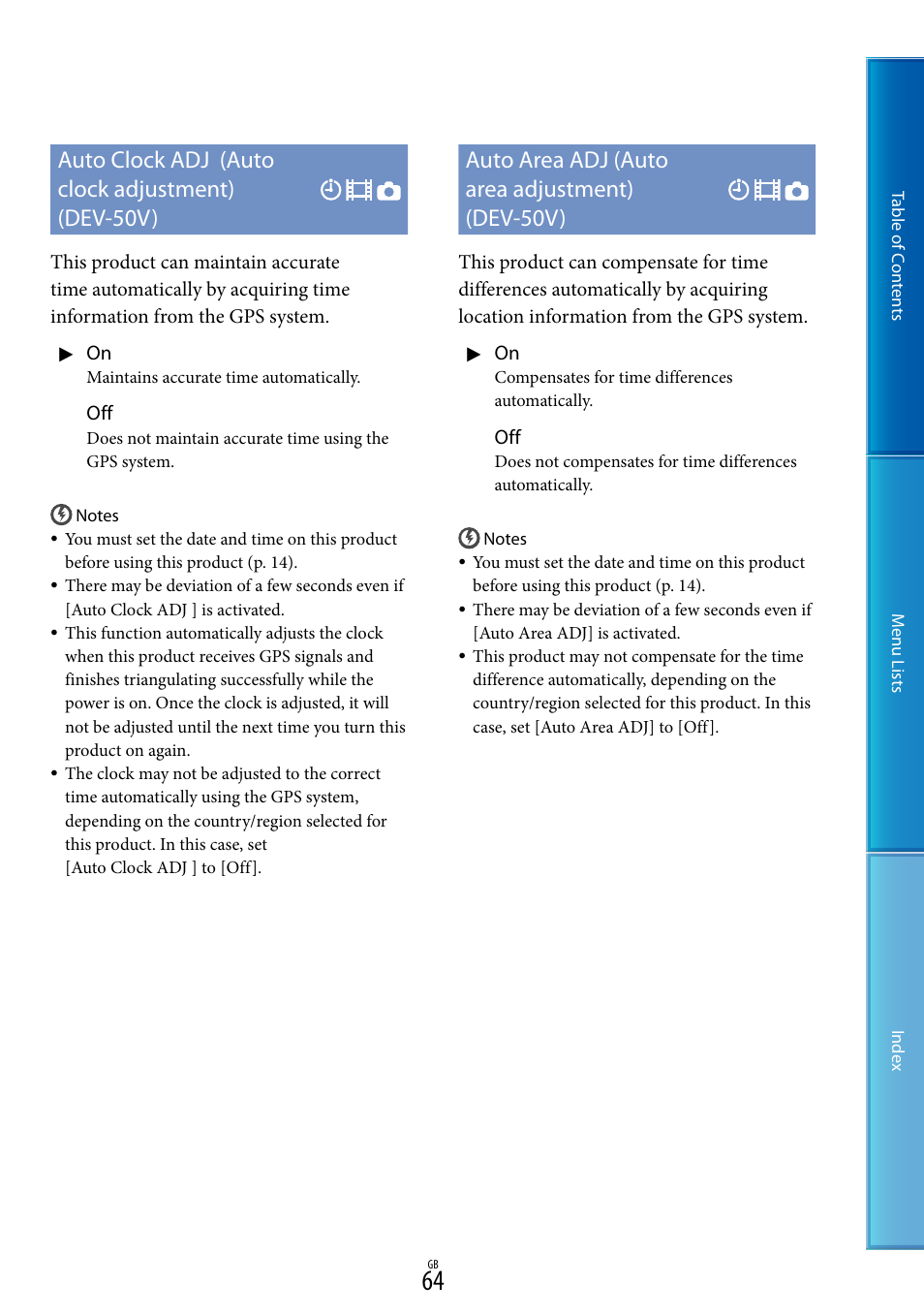 Auto clock adj (auto clock adjustment) (dev-50v), Auto area adj (auto area adjustment) (dev-50v) | Sony DEV-50V User Manual | Page 64 / 90