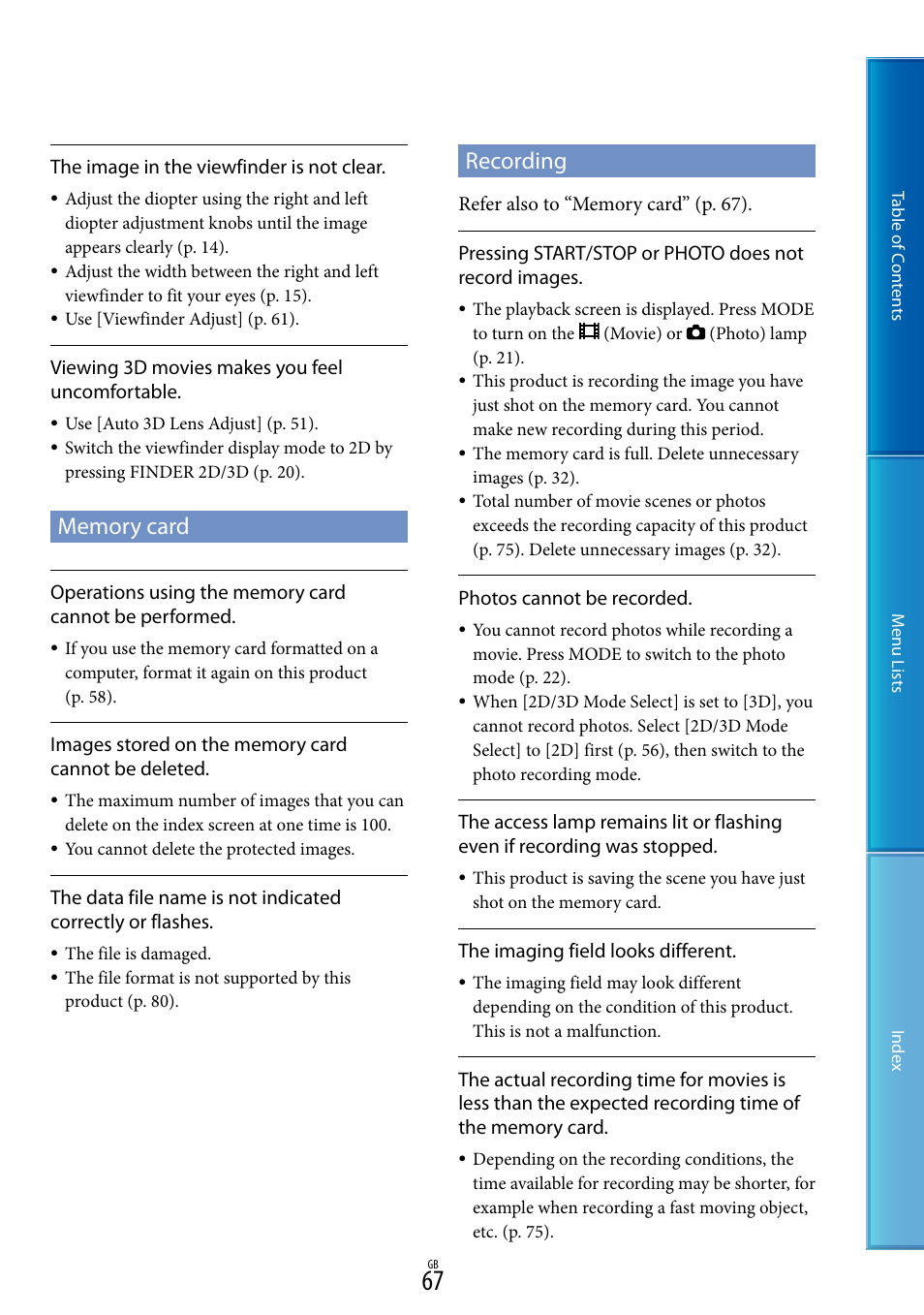 Memory card, Recording | Sony DEV-50V User Manual | Page 67 / 90
