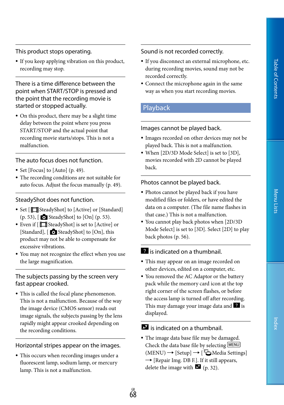 E 68, 72, Playback | Sony DEV-50V User Manual | Page 68 / 90