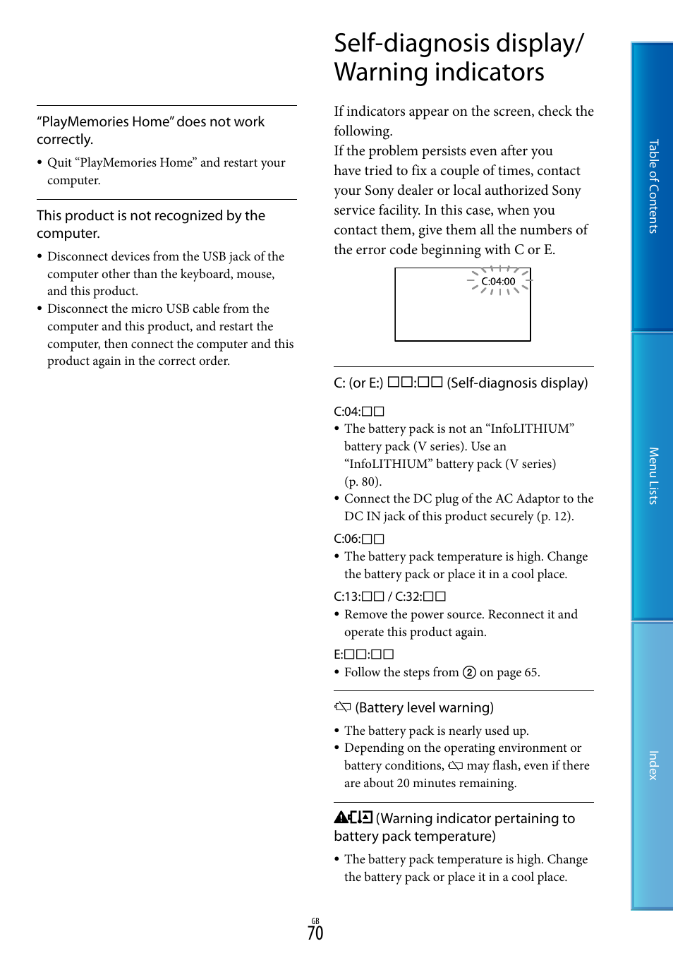 Self-diagnosis display/warning indicators, Self-diagnosis display/ warning indicators | Sony DEV-50V User Manual | Page 70 / 90