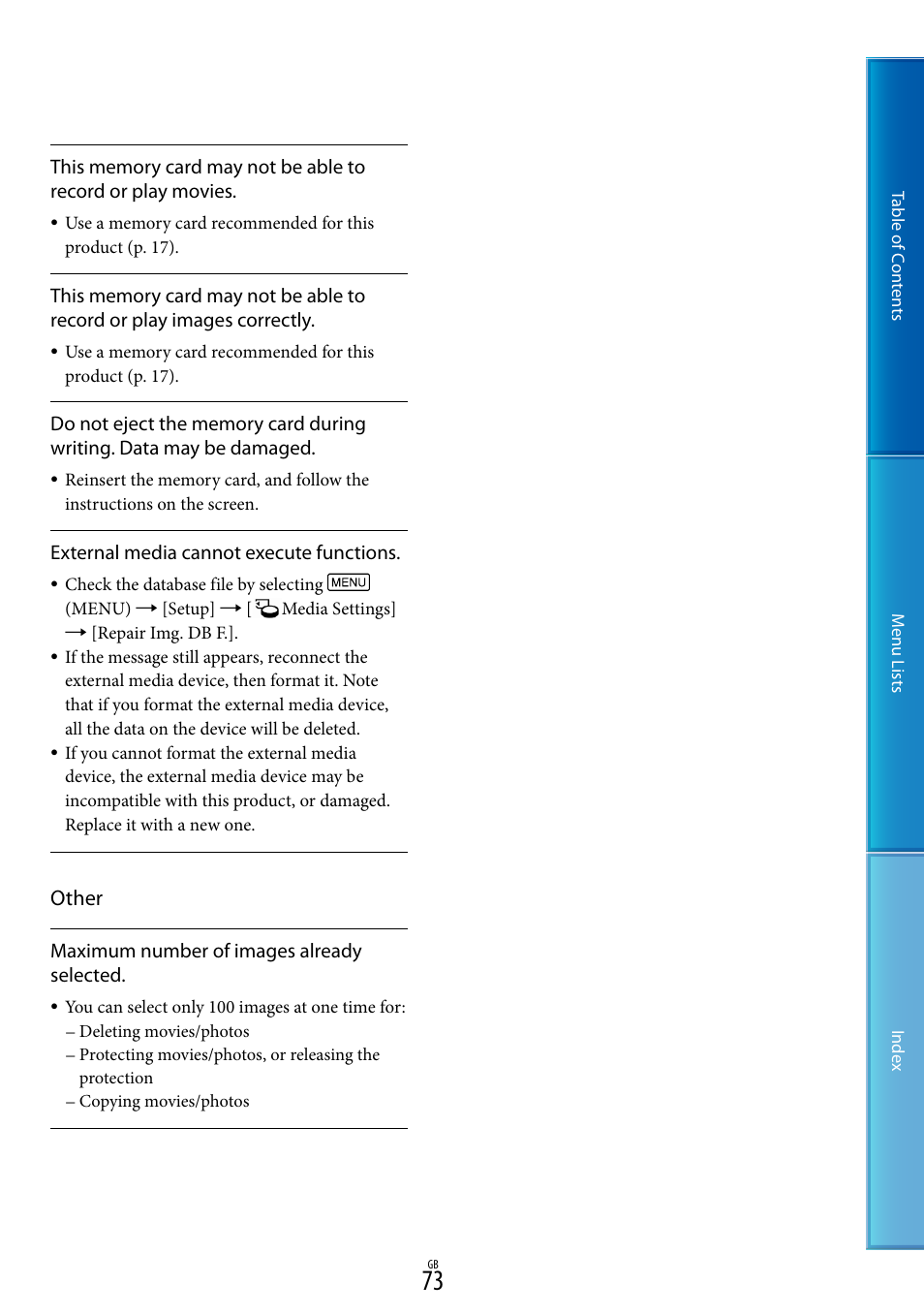 O 73), and, Other | Sony DEV-50V User Manual | Page 73 / 90