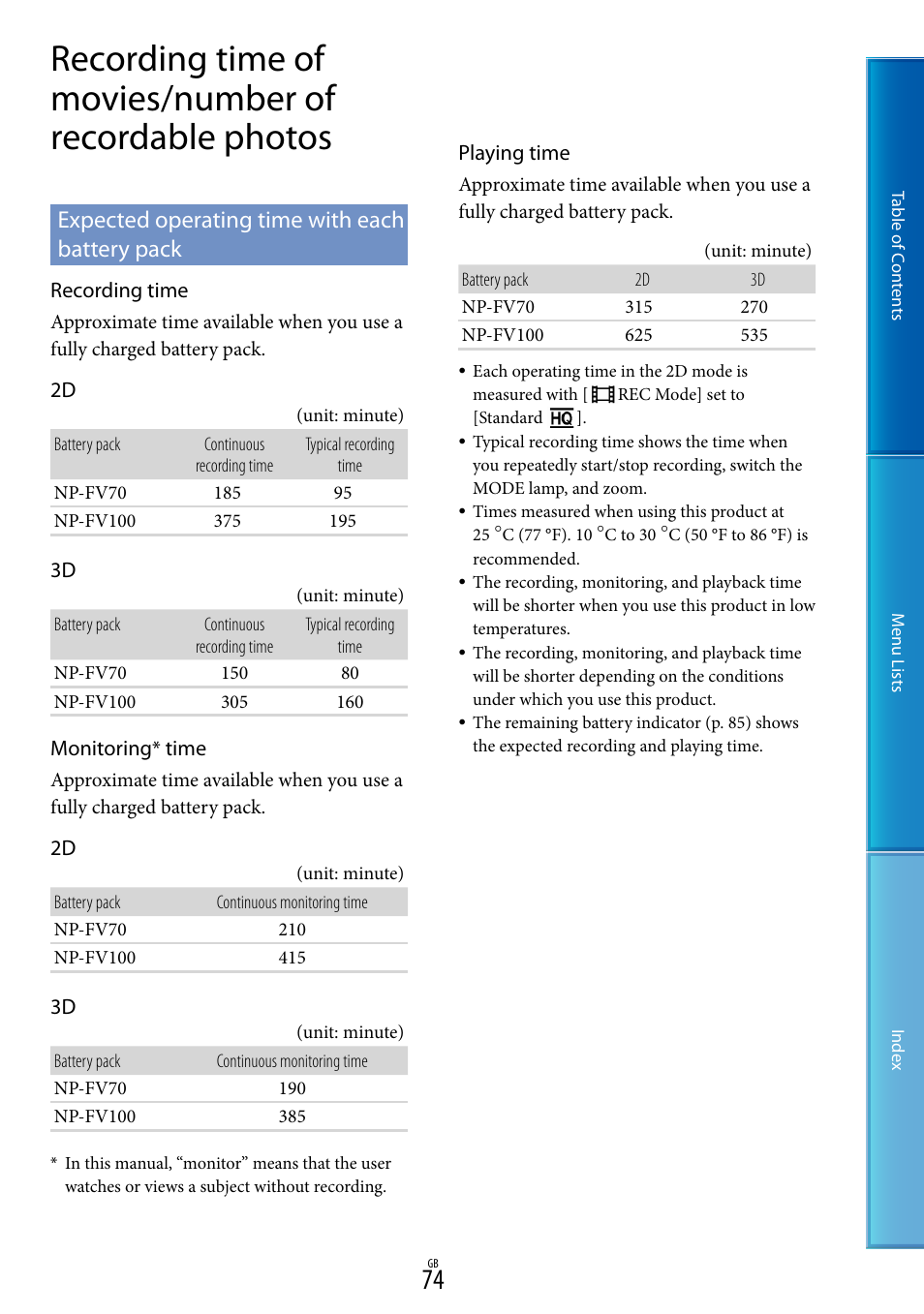Expected operating time with each battery pack, E 74 o | Sony DEV-50V User Manual | Page 74 / 90