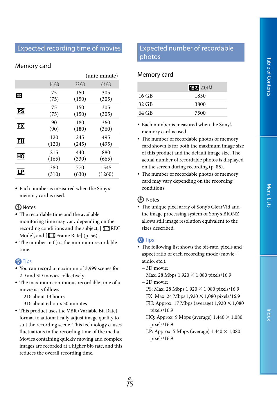 Expected recording time of movies, Expected number of recordable photos, E 75 f | 75). d | Sony DEV-50V User Manual | Page 75 / 90