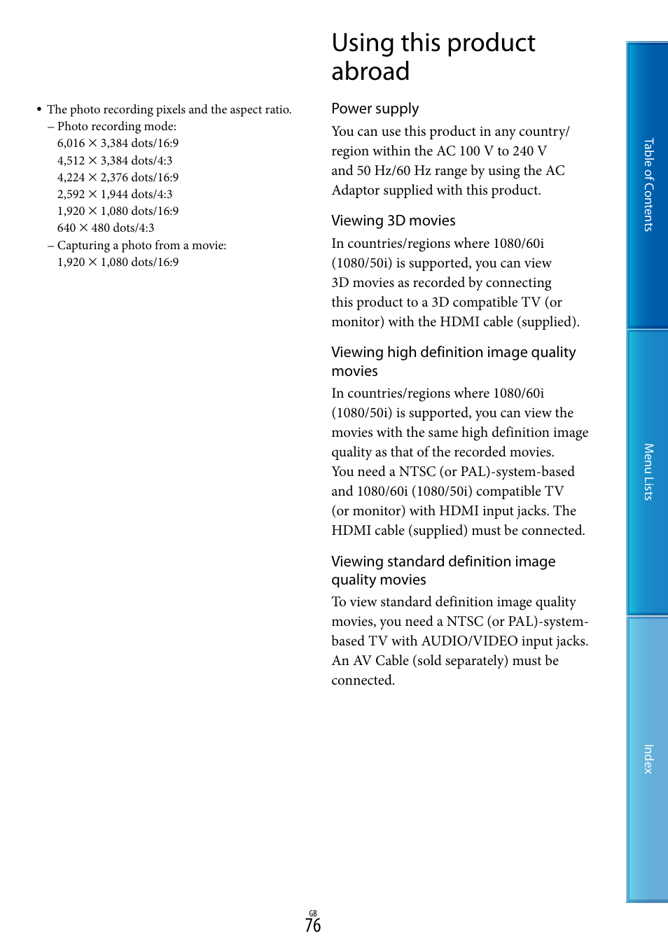 Using this product abroad | Sony DEV-50V User Manual | Page 76 / 90