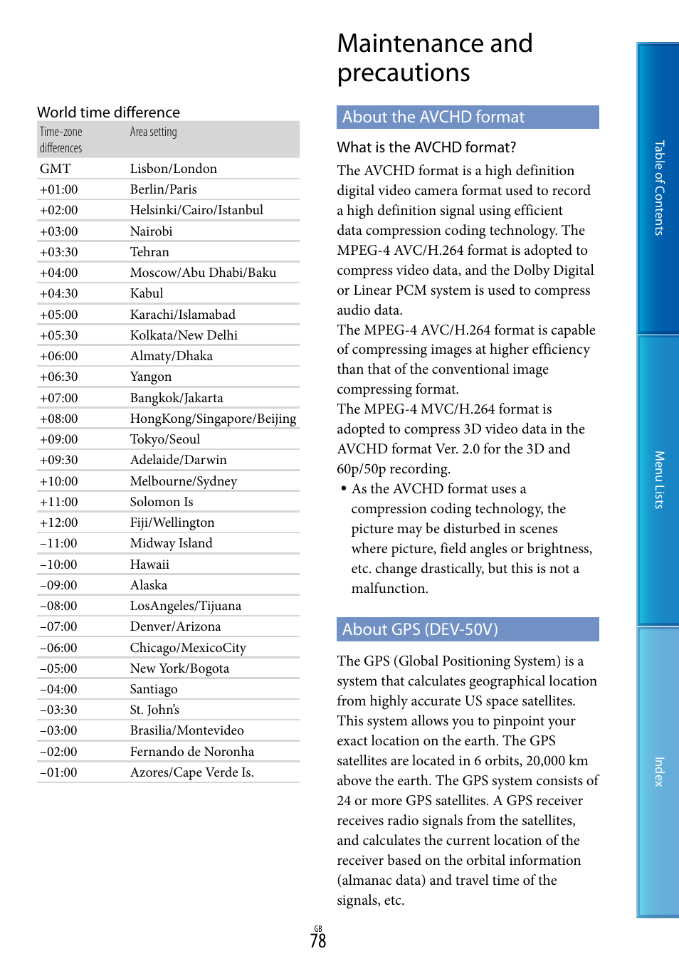 Maintenance and precautions, About the avchd format, About gps (dev-50v) | About the avchd format about gps (dev-50v) | Sony DEV-50V User Manual | Page 78 / 90