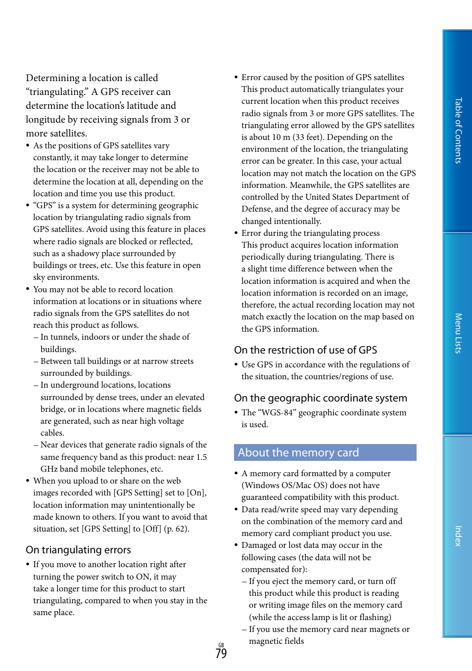 About the memory card, On triangulating errors, On the restriction of use of gps | On the geographic coordinate system | Sony DEV-50V User Manual | Page 79 / 90