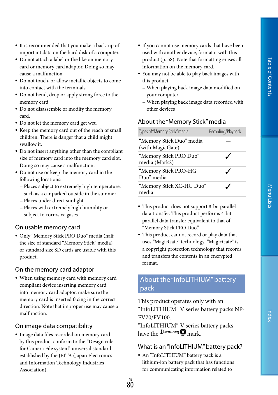 About the “infolithium” battery pack, On image data compatibility, What is an “infolithium” battery pack | Sony DEV-50V User Manual | Page 80 / 90