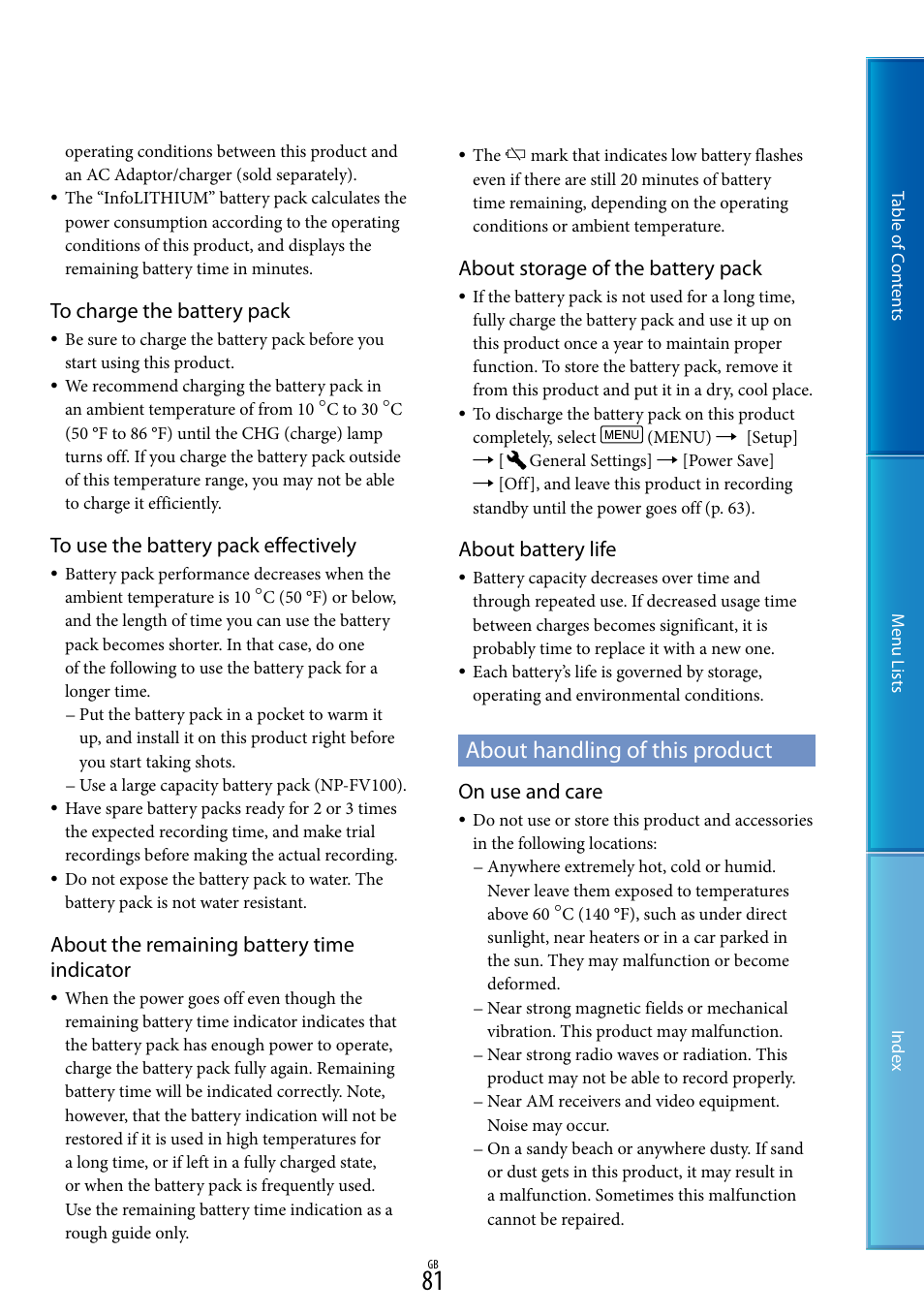 About handling of this product, About the remaining battery time indicator, About storage of the battery pack | About battery life, On use and care | Sony DEV-50V User Manual | Page 81 / 90