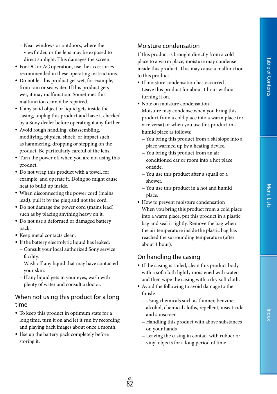 When not using this product for a long time, Moisture condensation, On handling the casing | Sony DEV-50V User Manual | Page 82 / 90