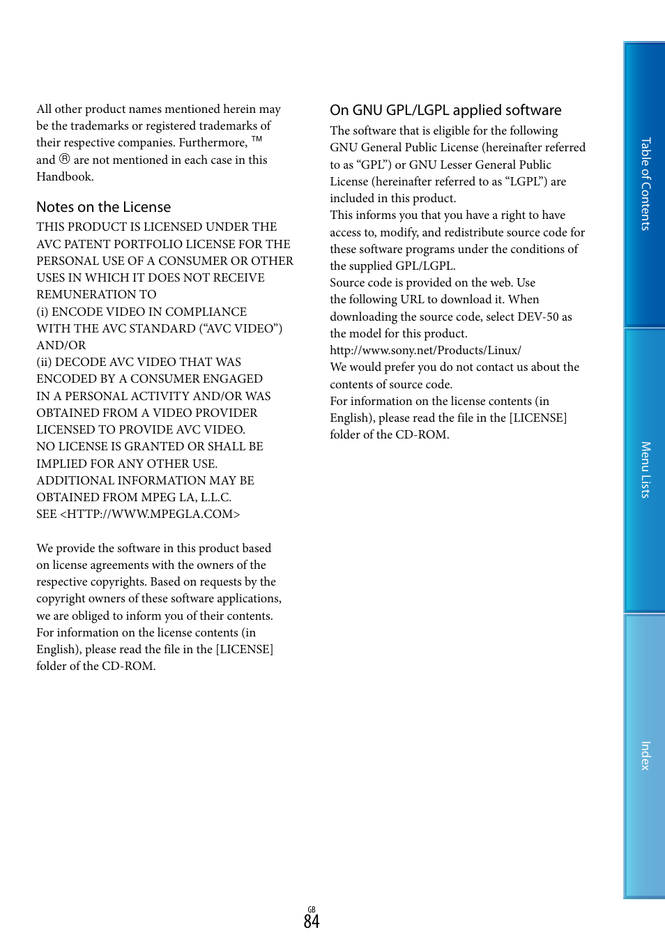 On gnu gpl/lgpl applied software | Sony DEV-50V User Manual | Page 84 / 90