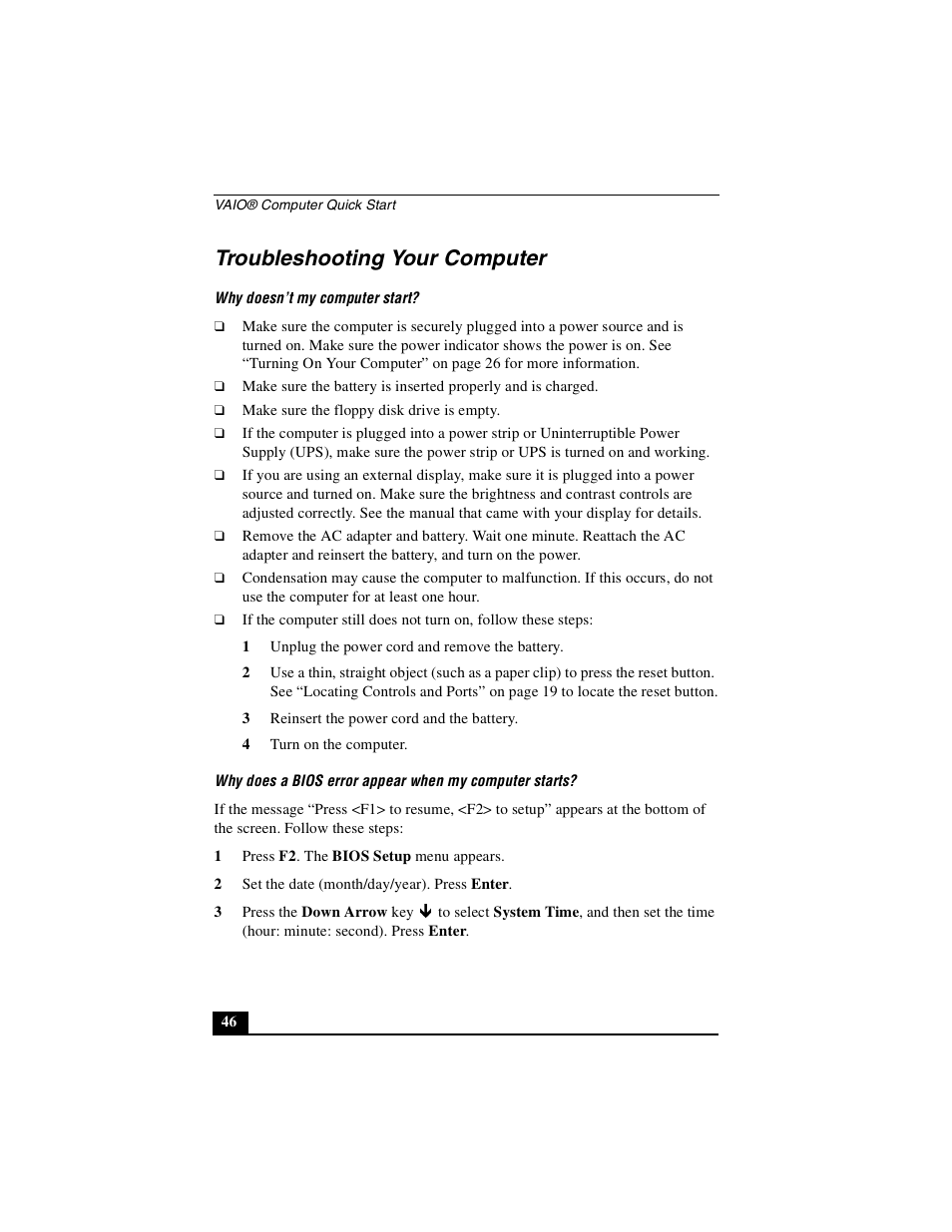 Troubleshooting your computer | Sony PCG-GRX670 User Manual | Page 46 / 64