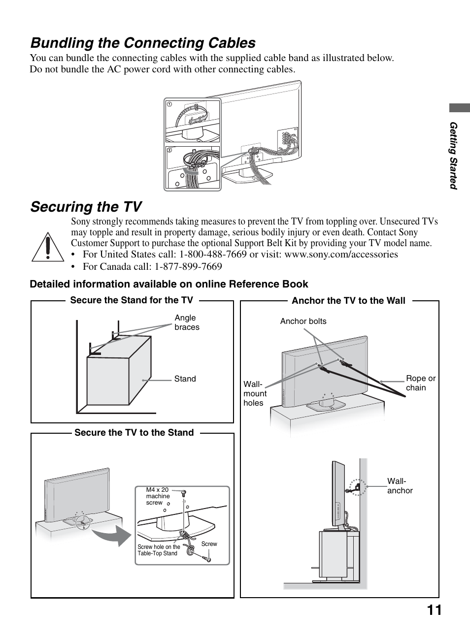 Bundling the connecting cables, Securing the tv, Bundling the connecting cables securing the tv | 11 bundling the connecting cables | Sony KDL-40S504 User Manual | Page 11 / 24