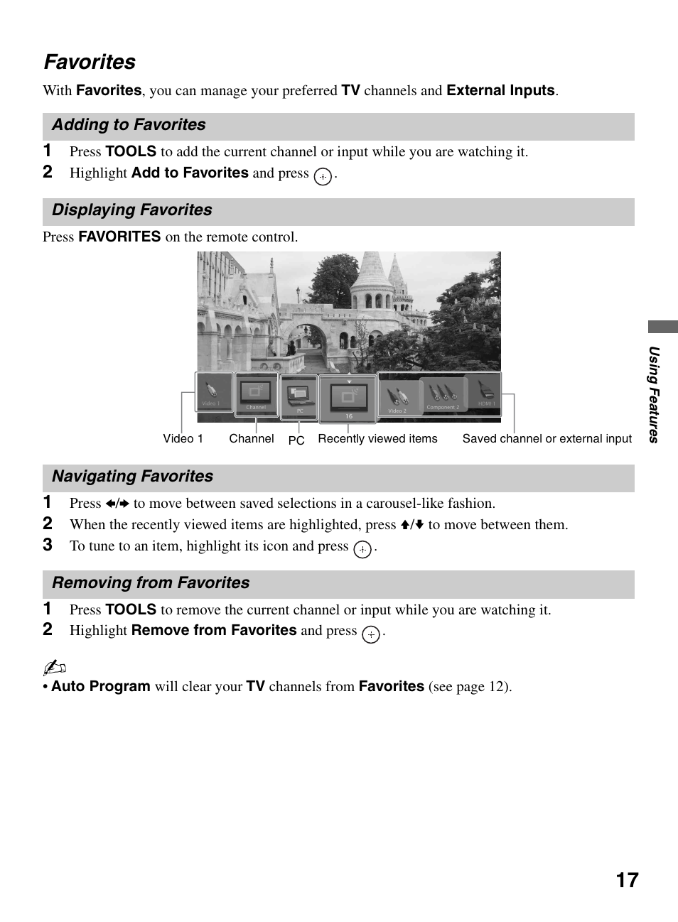 Favorites, 17 favorites | Sony KDL-40S504 User Manual | Page 17 / 24