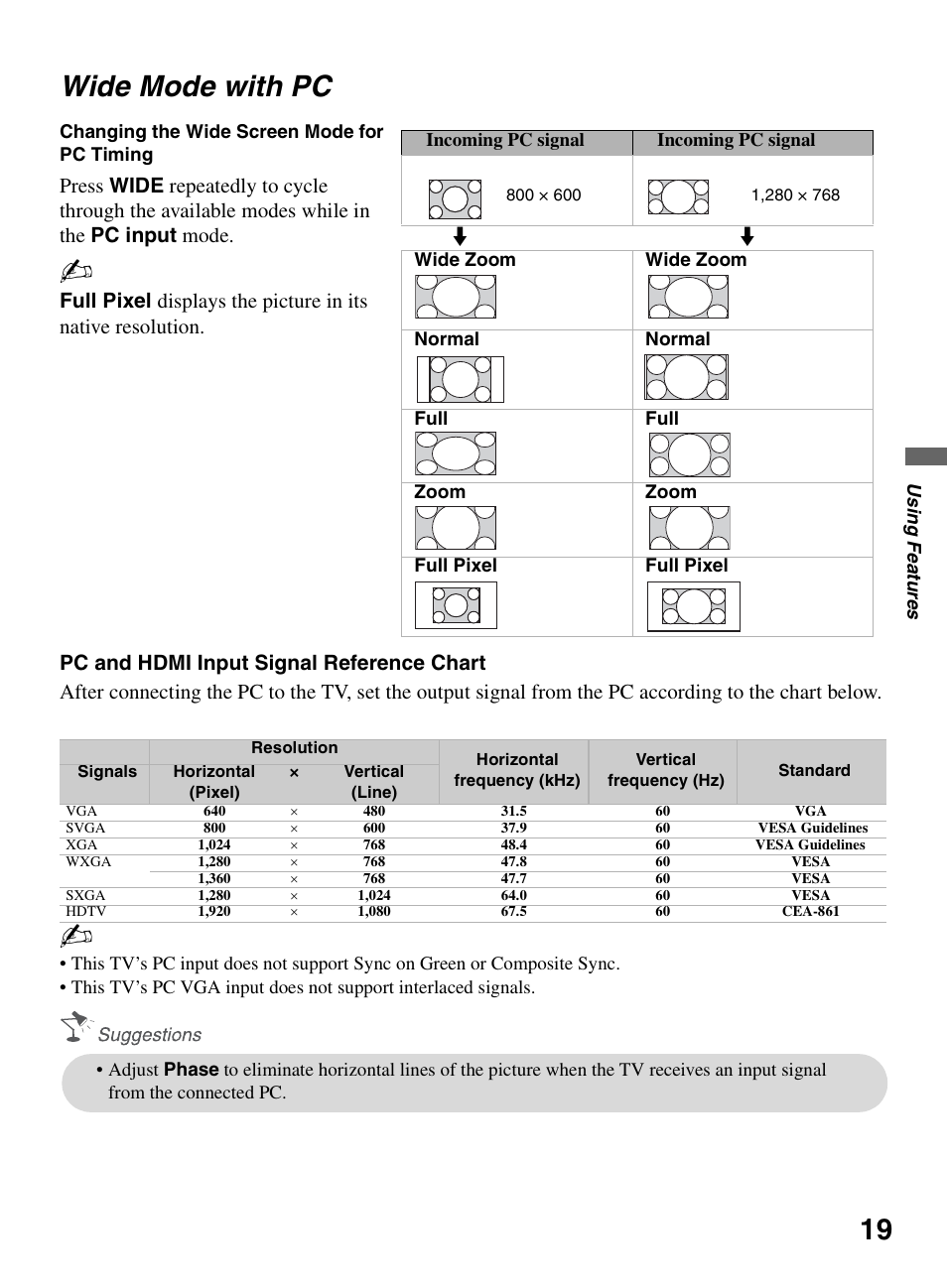 Wide mode with pc, 19 wide mode with pc | Sony KDL-40S504 User Manual | Page 19 / 24