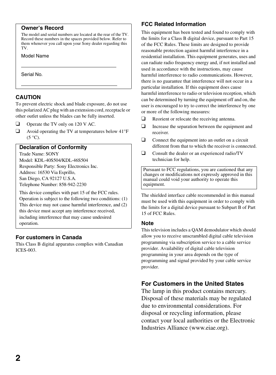 Sony KDL-40S504 User Manual | Page 2 / 24