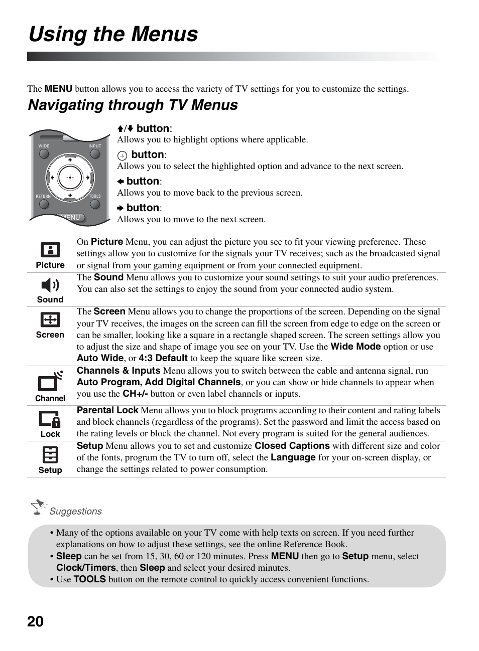 Using the menus, Navigating through tv menus | Sony KDL-40S504 User Manual | Page 20 / 24