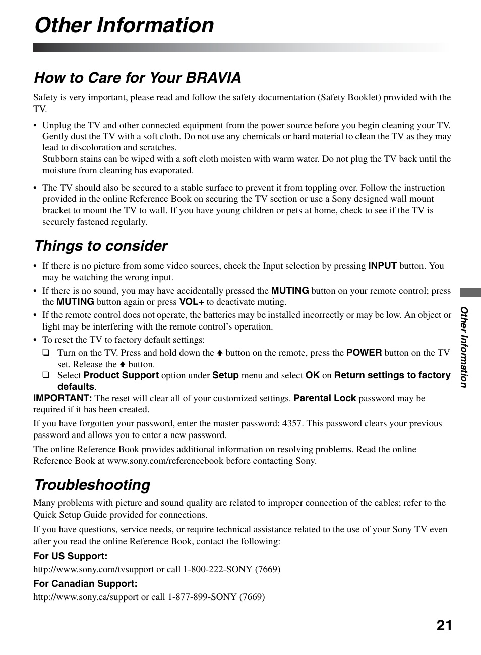 Other information, How to care for your bravia, Things to consider | Troubleshooting | Sony KDL-40S504 User Manual | Page 21 / 24