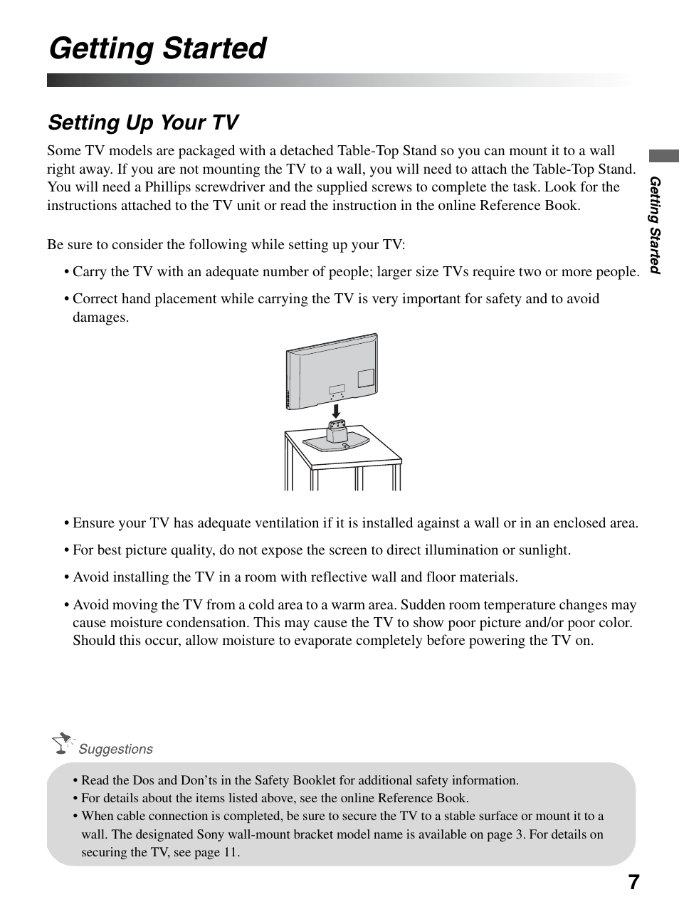 Getting started, Setting up your tv | Sony KDL-40S504 User Manual | Page 7 / 24