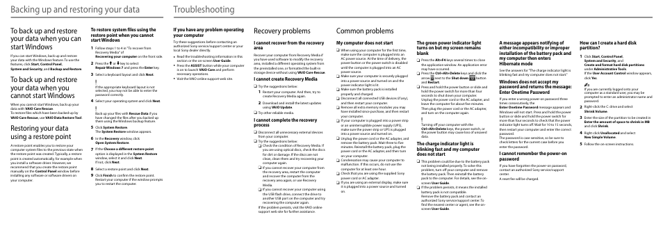 Backing up and restoring your data, Troubleshooting, Restoring your data using a restore point | Recovery problems, I cannot recover from the recovery area, I cannot create recovery media, I cannot complete the recovery process, My computer does not start, I cannot remember the power-on password, If you have any problem operating your computer | Sony VPCZ22SHX User Manual | Page 2 / 2