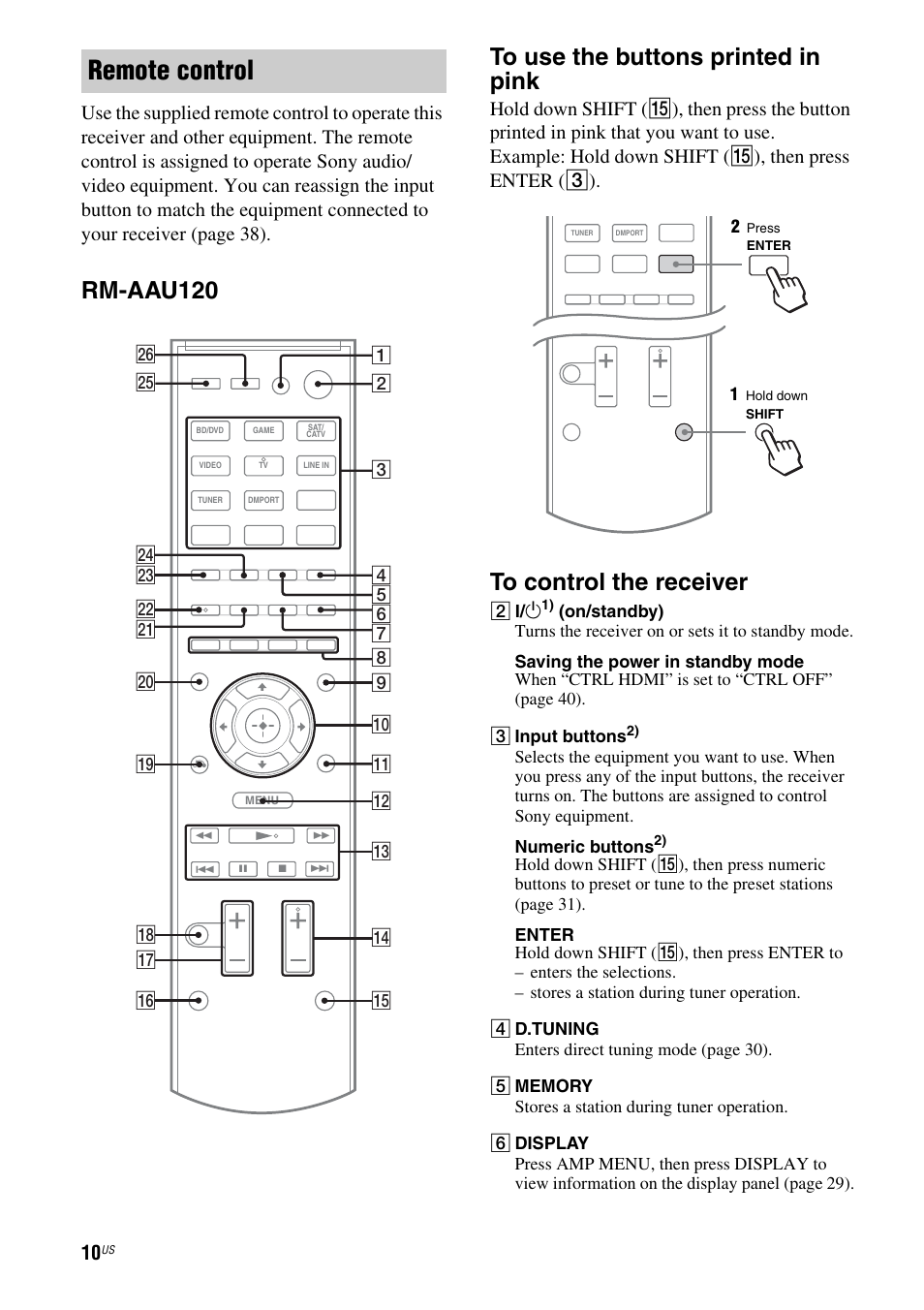 Remote control, Rm-aau120 to use the buttons printed in pink | Sony HT-SS380 User Manual | Page 10 / 108