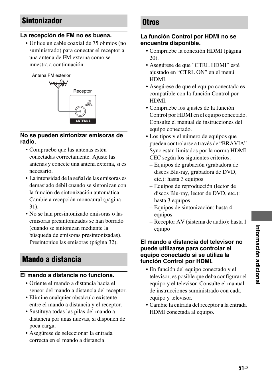 Sintonizador mando a distancia, Otros | Sony HT-SS380 User Manual | Page 101 / 108