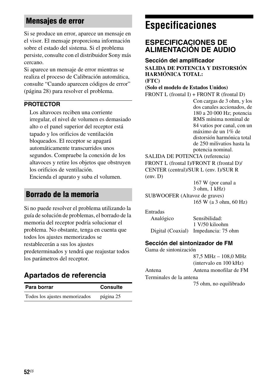 Especificaciones, Apartados de referencia, Especificaciones de alimentación de audio | Sony HT-SS380 User Manual | Page 102 / 108