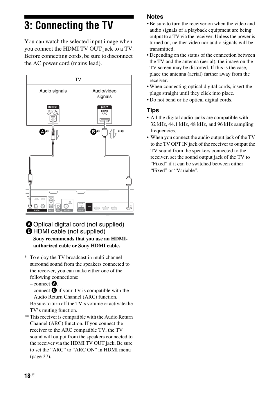 Connecting the tv, Age 18, B* a | Tips | Sony HT-SS380 User Manual | Page 18 / 108