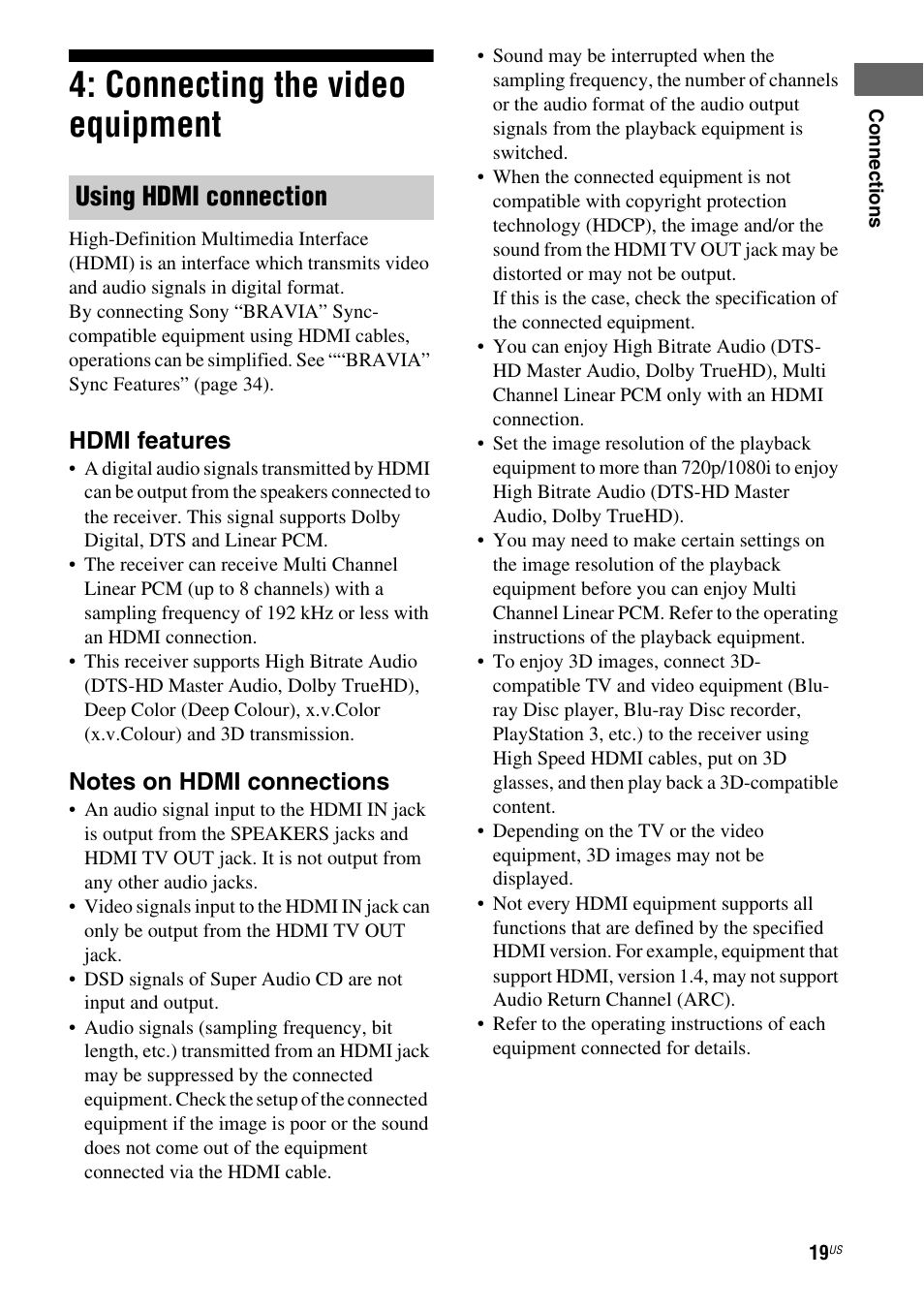 Connecting the video equipment, Using hdmi connection, Hdmi features | Sony HT-SS380 User Manual | Page 19 / 108