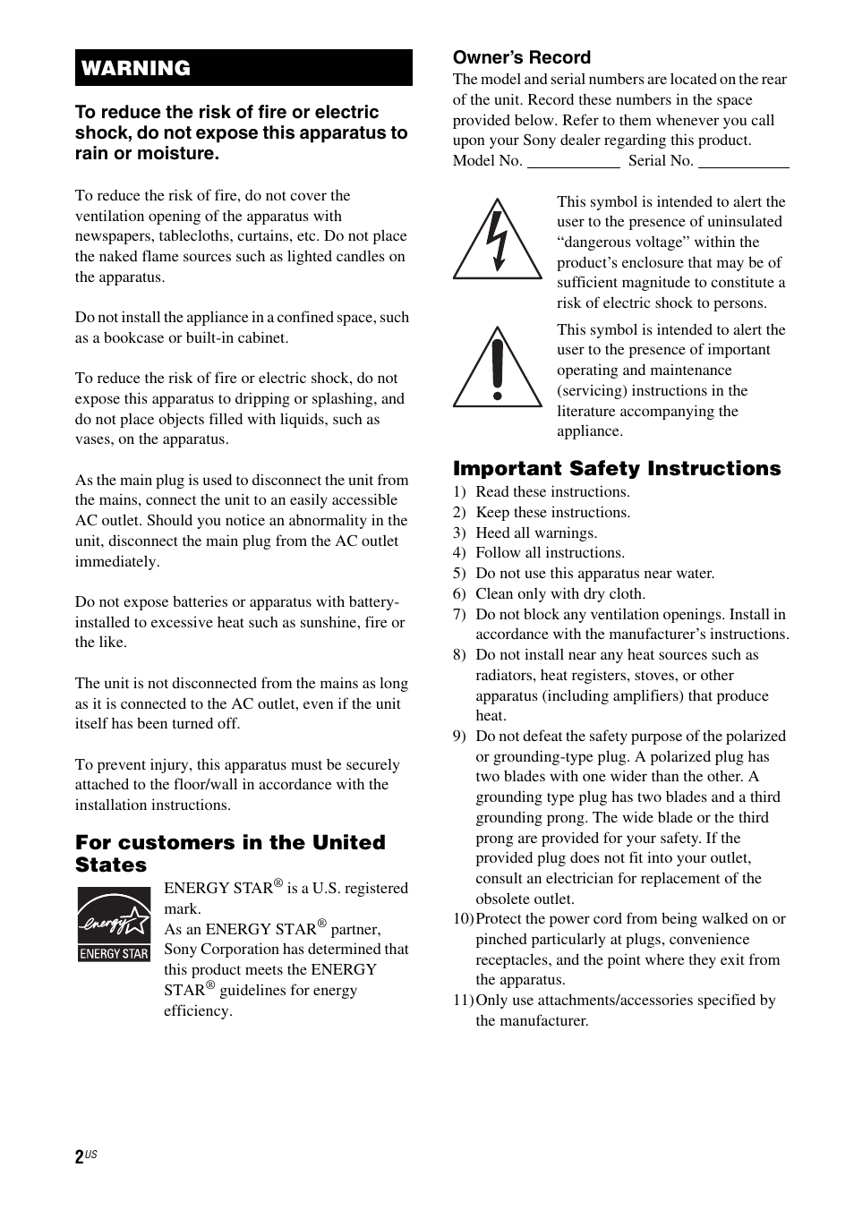 For customers in the united states, Important safety instructions, Warning | Sony HT-SS380 User Manual | Page 2 / 108