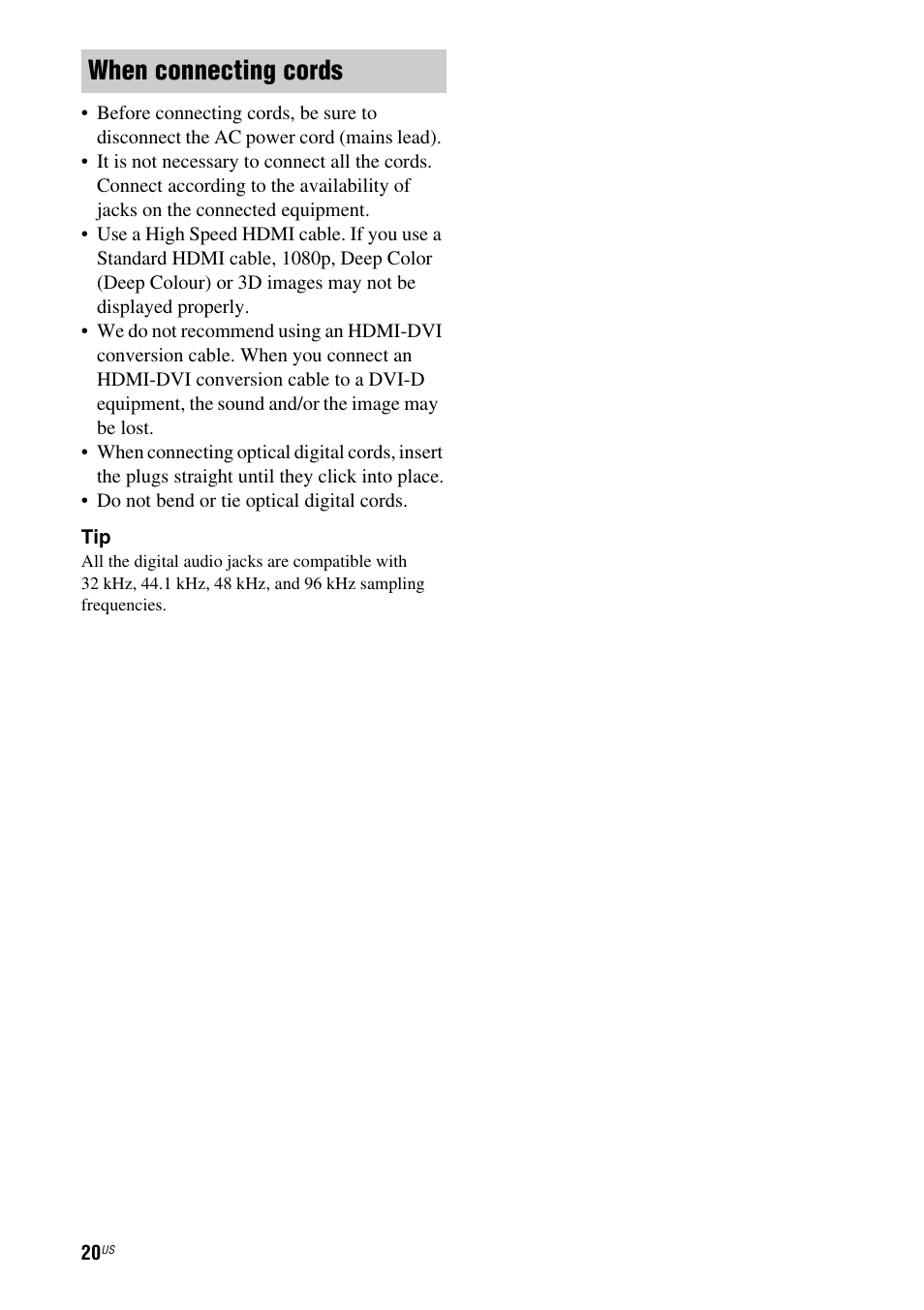 When connecting cords | Sony HT-SS380 User Manual | Page 20 / 108