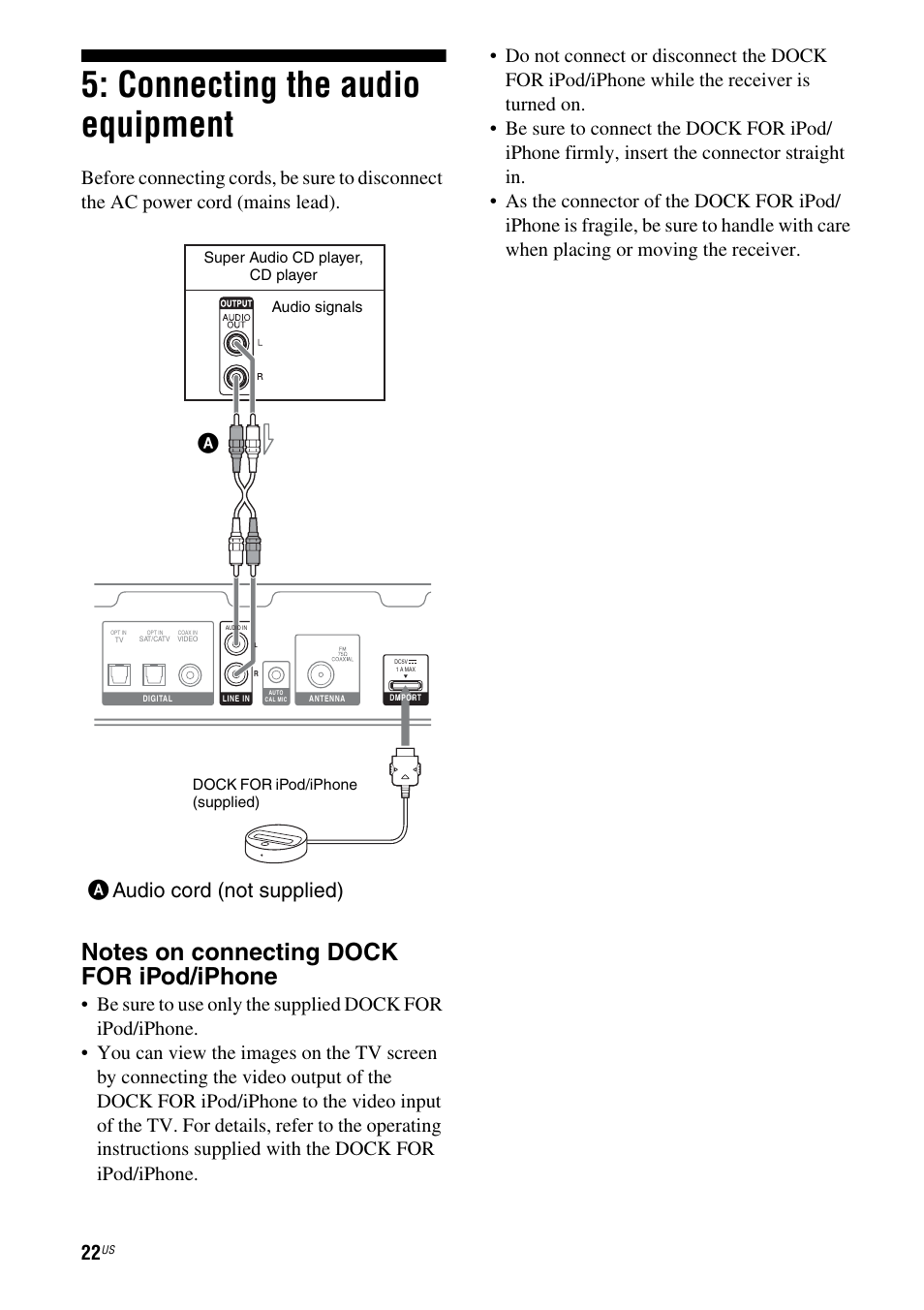 Connecting the audio equipment, Aaudio cord (not supplied) | Sony HT-SS380 User Manual | Page 22 / 108