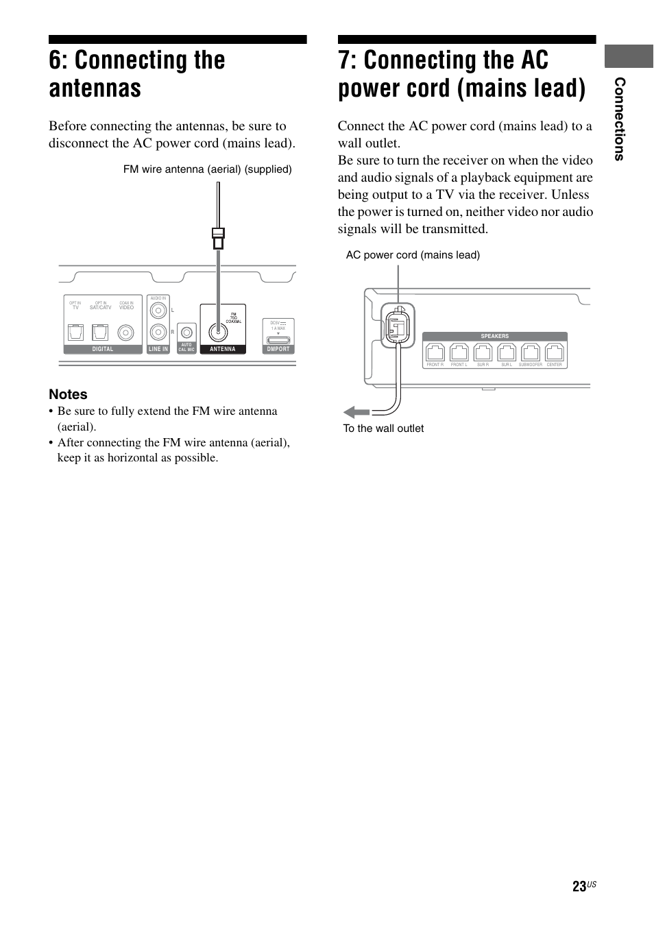 Connecting the antennas, Connecting the ac power cord (mains lead), Mains lead) | Co nn ecti on s | Sony HT-SS380 User Manual | Page 23 / 108