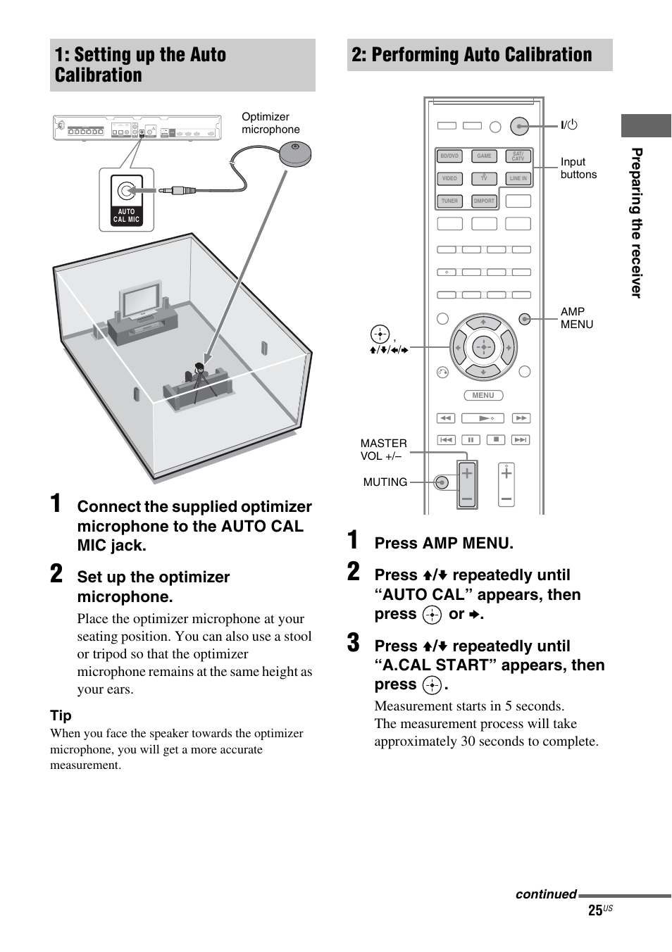 Setting up the auto calibration, Performing auto calibration, Set up the optimizer microphone | Press amp menu, Pr ep a ri n g th e re c e iv er | Sony HT-SS380 User Manual | Page 25 / 108