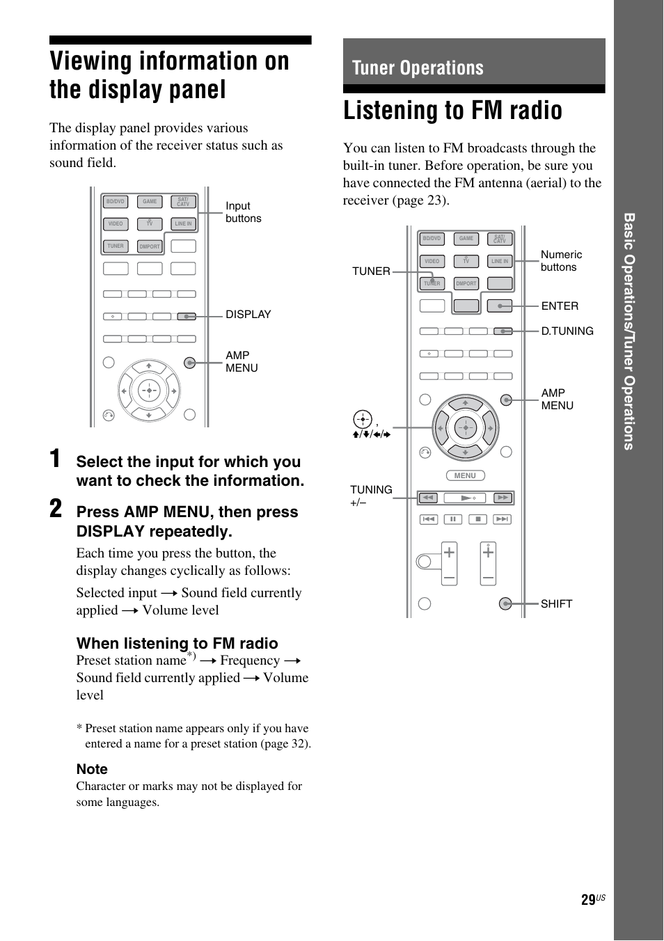 Viewing information on the display panel, Tuner operations, Listening to fm radio | Press amp menu, then press display repeatedly, When listening to fm radio, Bas ic ope rations/t uner oper ations, Preset station name | Sony HT-SS380 User Manual | Page 29 / 108