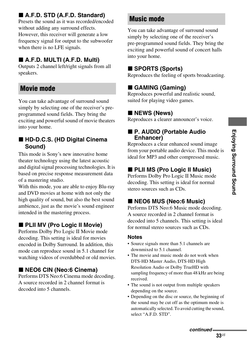 Movie mode music mode | Sony HT-SS380 User Manual | Page 33 / 108