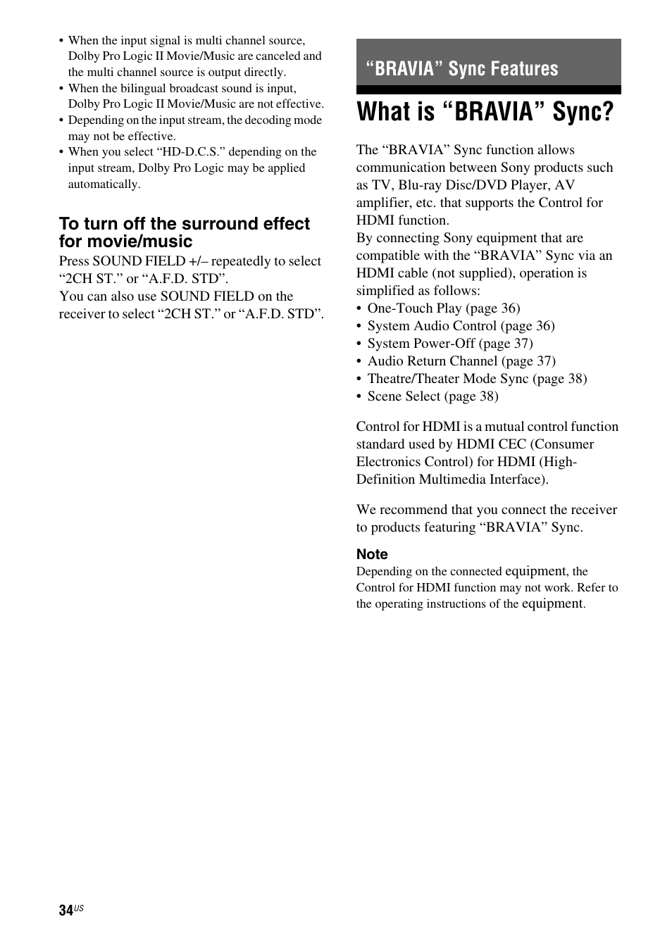 Bravia” sync features, What is “bravia” sync | Sony HT-SS380 User Manual | Page 34 / 108