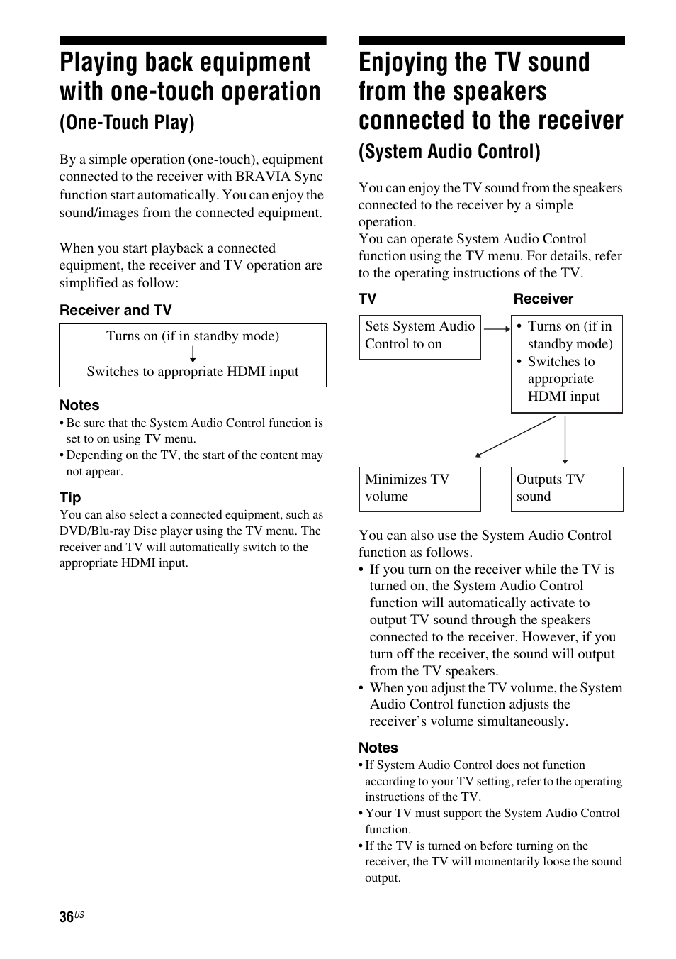 Playing back equipment with one-touch, Operation (one-touch play), Enjoying the tv sound from the speakers | Connected to the receiver, System audio control), Playing back equipment with one-touch operation, One-touch play) | Sony HT-SS380 User Manual | Page 36 / 108