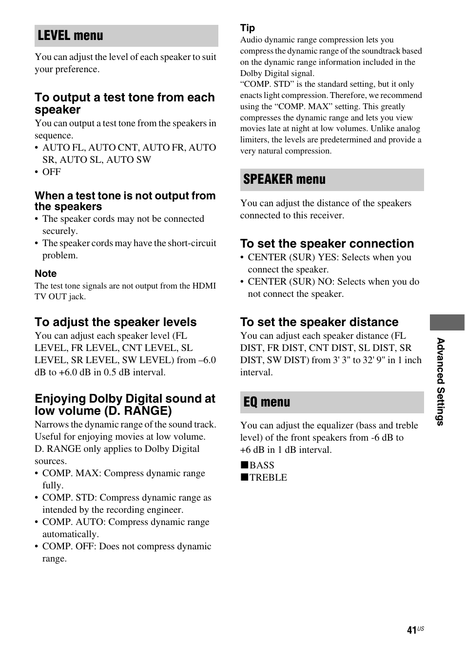 Level menu speaker menu eq menu | Sony HT-SS380 User Manual | Page 41 / 108